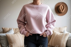 Pink sweatshirt dark jeans casual outfit crewneck denim Product Image 1