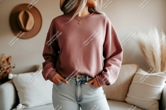 Woman wearing dusty rose sweatshirt and light wash jeans Product Image 1