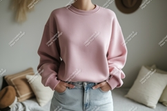 Pink sweatshirt light jeans denim casual Product Image 1