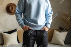 Light blue sweatshirt dark jeans denim casual Product Image 1