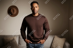 Man wearing brown sweatshirt jeans couch Product Image 1
