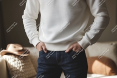 Person wearing white sweatshirt dark jeans image Product Image 1