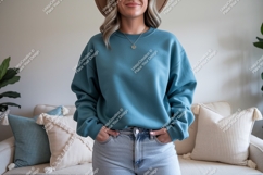 Teal crewneck sweatshirt and denim jeans image Product Image 1