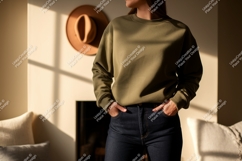 Olive green sweatshirt dark denim jeans Product Image 1