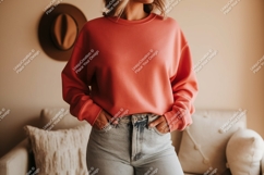 Coral sweatshirt light denim jeans casual Product Image 1
