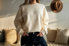 Creamy sweatshirt dark denim jeans mockup Product Image 1