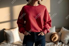 Red sweatshirt dark denim mockup apparel Product Image 1