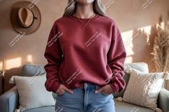 Maroon sweatshirt casual outfit denim jeans Product Image 1