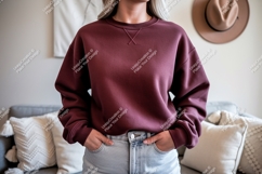 Maroon crewneck sweatshirt light denim jeans image Product Image 1