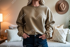 Tan sweatshirt denim jeans mockup image Product Image 1