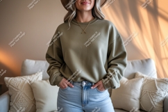 Woman wearing olive green sweatshirt and blue jeans Product Image 1