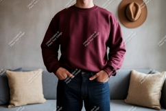 Maroon sweatshirt dark denim jeans casual Product Image 1