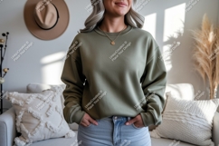 Man wearing olive green sweatshirt dark jeans image Product Image 1