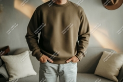 Man wearing olive crewneck sweatshirt casual Product Image 1