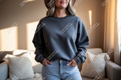 Woman wearing grey sweatshirt and jeans casual Product Image 1