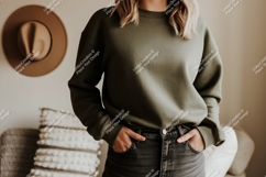 Olive green sweatshirt dark denim jeans image Product Image 1