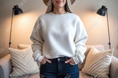 Creamy sweatshirt dark denim jeans mockup clothing Product Image 1