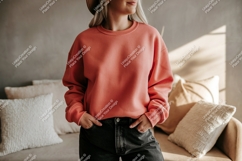 Coral sweatshirt casual pose woman Product Image 1