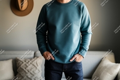 Teal sweatshirt dark denim jeans casual Product Image 1