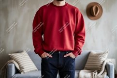 Crimson sweatshirt denim jeans mockup apparel clothing Product Image 1