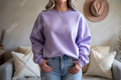 Lavender sweatshirt light denim jeans mockup Product Image 1