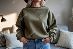 Olive green sweatshirt denim jeans image Product Image 1