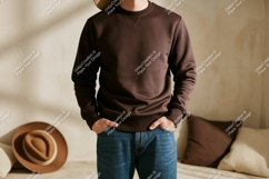 Man wearing brown sweatshirt blue jeans image Product Image 1