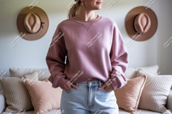Dusty rose sweatshirt light denim jeans mockup casual Product Image 1