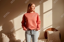 Woman wearing coral sweatshirt and denim jeans image Product Image 1