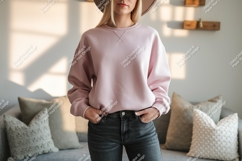 Pink sweatshirt grey jeans woman Mockup apparel Product Image 1
