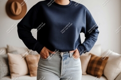 Navy sweatshirt light denim jeans casual Product Image 1