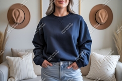 Woman wearing navy blue sweatshirt and jeans Mockup Product Image 1