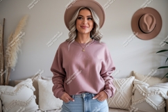 Woman wearing pink sweatshirt and hat casual Product Image 1