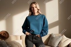 Woman wearing teal sweatshirt and dark jeans image Product Image 1