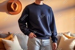 Man wearing dark blue sweatshirt and light jeans casual Product Image 1