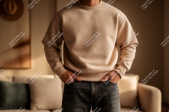 Man wearing beige sweatshirt and jeans casual Product Image 1