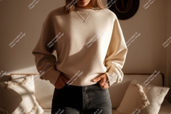 Creamy sweatshirt dark jeans casual clothing apparel Product Image 1