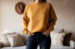 Mustard yellow sweatshirt dark denim jeans woman Product Image 1