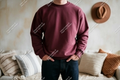 Maroon sweatshirt dark denim casual clothing Product Image 1