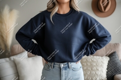 Navy sweatshirt light denim jeans casual Product Image 1