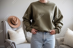 Olive green sweatshirt light denim jeans mockup Product Image 1