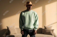 Man wearing light green sweatshirt and tan hat fashion Product Image 1