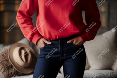 Red sweatshirt dark jeans fedora image Product Image 1