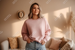 Woman wearing pink sweatshirt and jeans casual Product Image 1