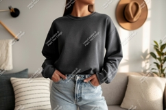 Dark grey crewneck sweatshirt light wash jeans mockup Product Image 1