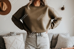Olive green sweatshirt light wash denim mockup image Product Image 1