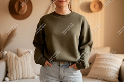 Olive green sweatshirt light wash denim mockup image Product Image 1