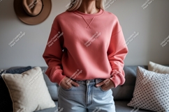 Coral sweatshirt light denim jeans casual Product Image 1