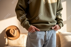 Olive sweatshirt light jeans hat image Product Image 1