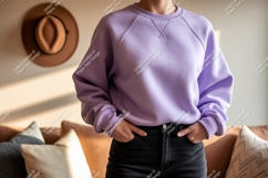 Lavender sweatshirt black jeans casual outfit raglan Product Image 1